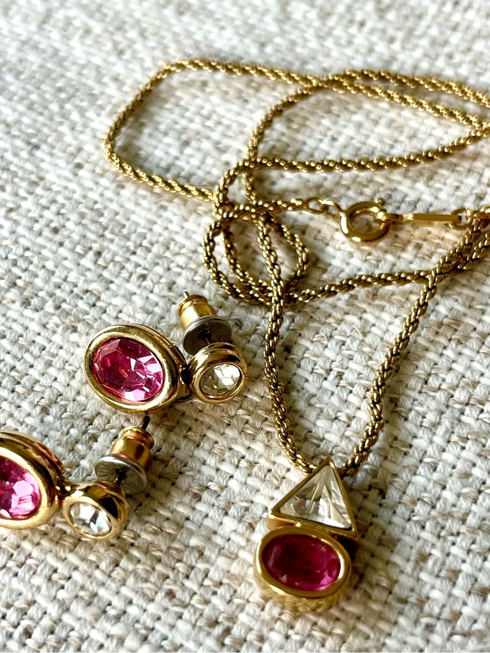 Swarovski pink and white vintage rhinestone necklace with matching earrings